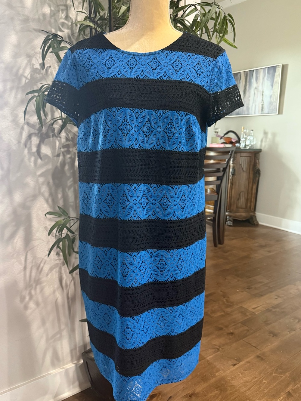 London Times Blue and Black Lace Striped Shift Dress